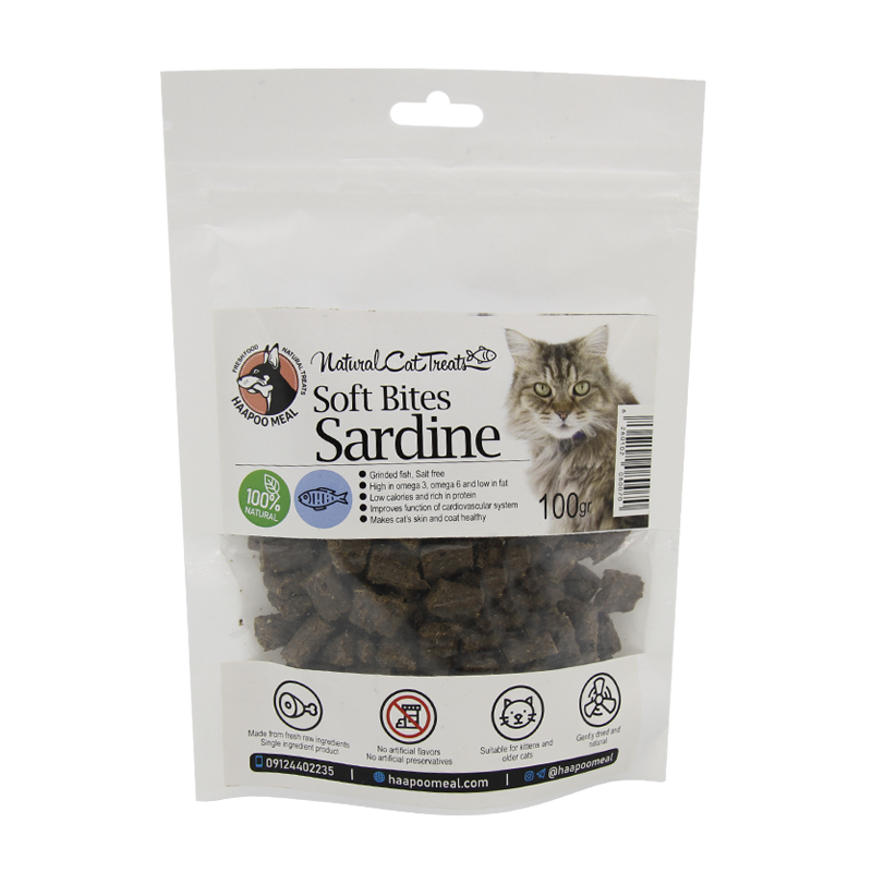  عکس بسته بندی تشویقی گربه هاپومیل مدل Sardine Soft Bites وزن 100 گرم 