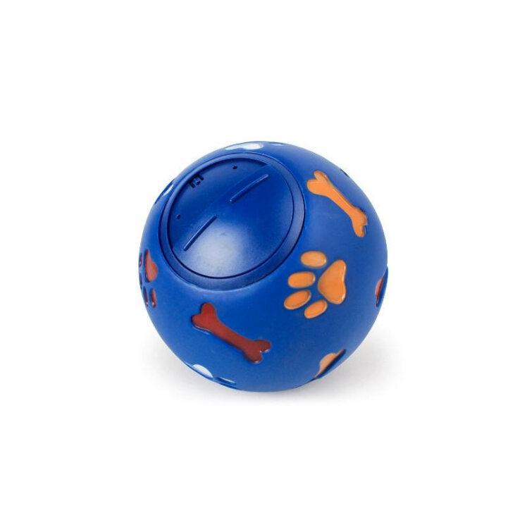 عکس توپ اسباب بازی تشویقی خور بیزتیز Beeztees Dog Snack Ball آبی رنگ با طرح های پنچه و استخوان