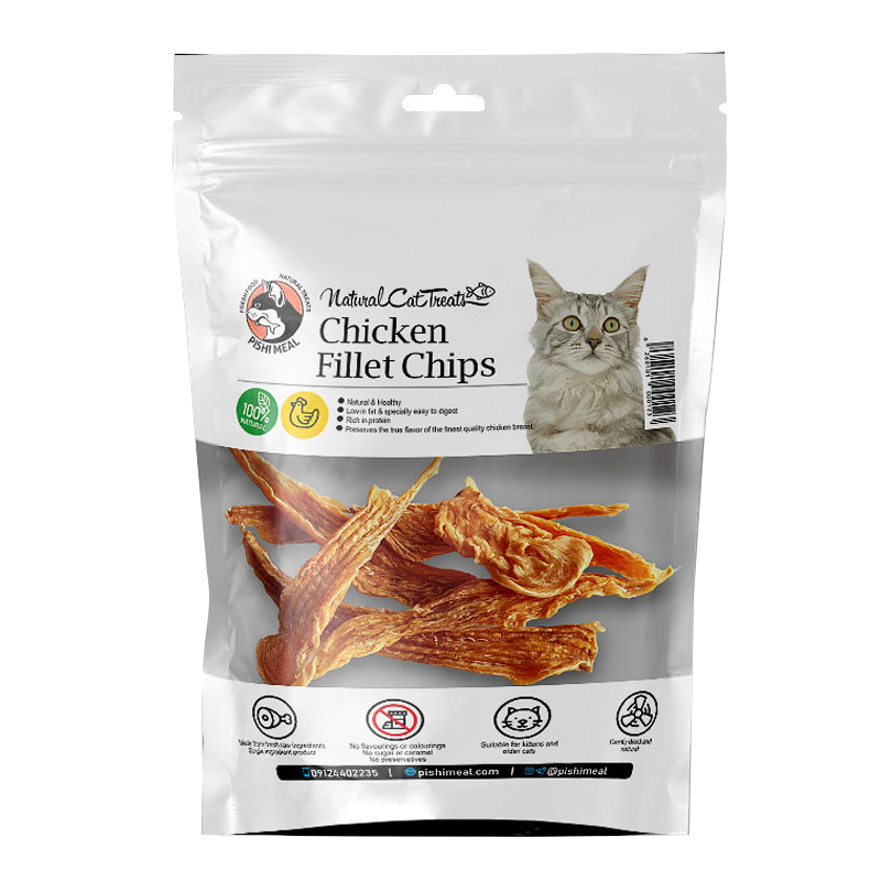  عکس بسته بندی تشویقی گربه هاپومیل مدل Chicken Fillet Chips وزن 50 گرم 