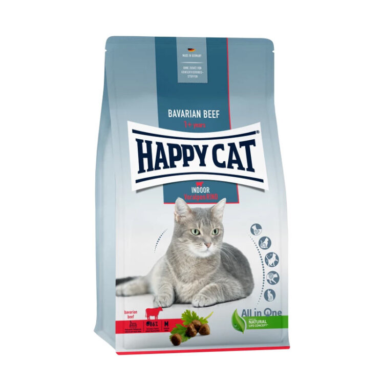 تصویر تبلیغاتی غذای خشک گربه هپی کت مدل Adult Indoor Voralpen-Rind وزن 10 کیلوگرم