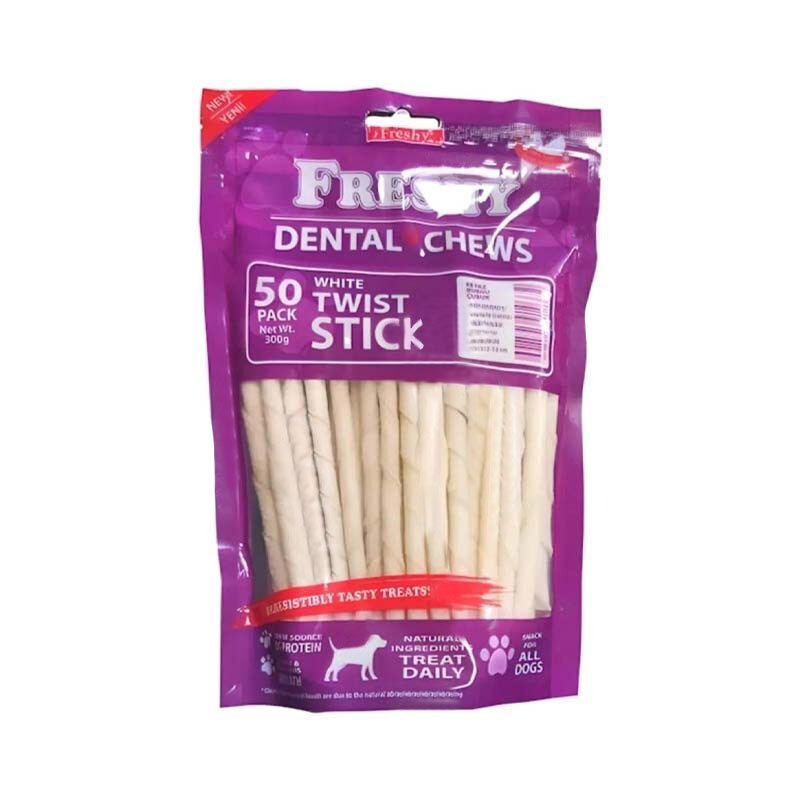  عکس تشویقی مدادی دنتال سگ فرشی با طعم گوشت Freshy Dental White Twists Sticks بسته 50 عددی 