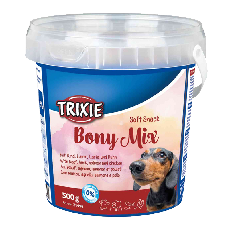  عکس بسته بندی تشویقی سگ تریکسی مدل Bony Mix با طعم مخلوط وزن 500 گرم 