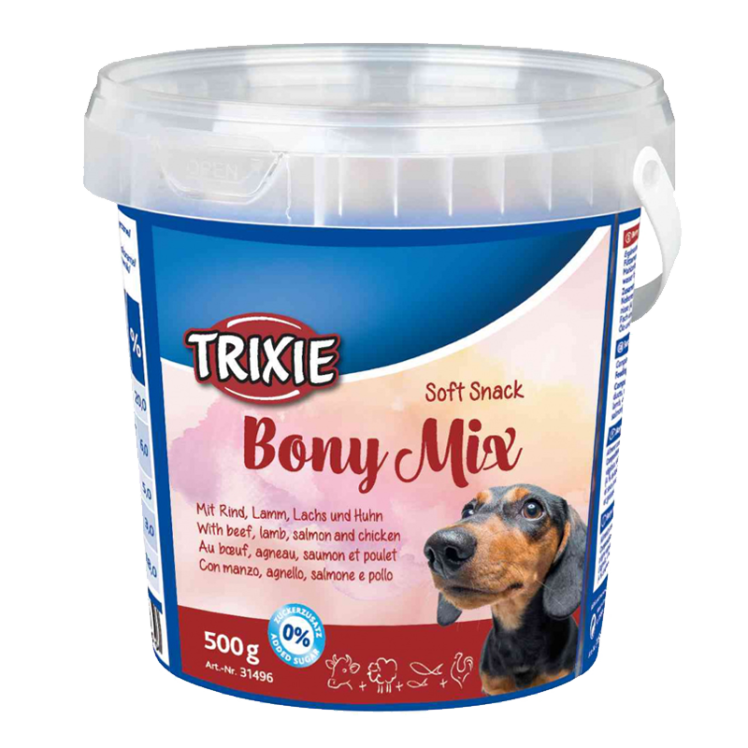 عکس بسته بندی تشویقی سگ تریکسی مدل Bony Mix با طعم مخلوط وزن 500 گرم