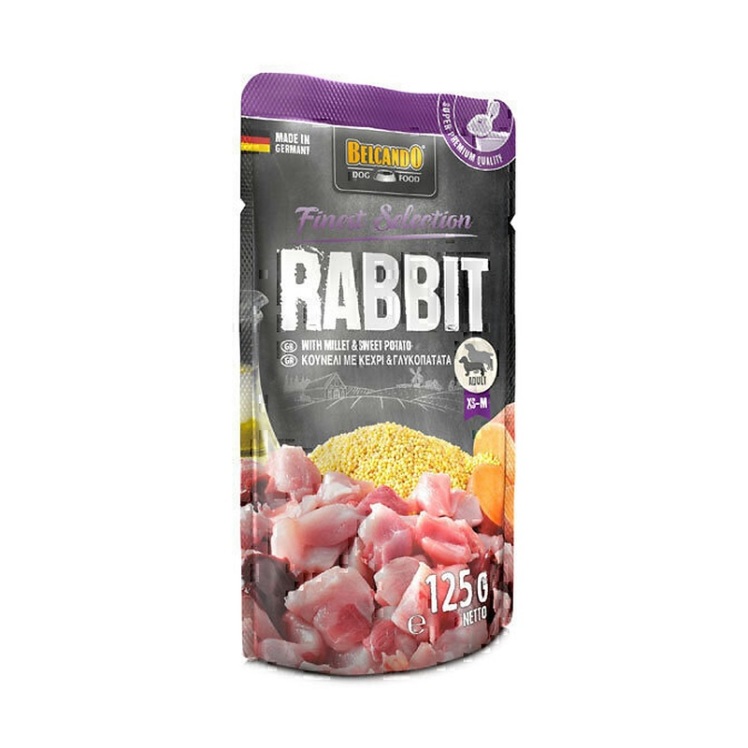 عکس محتویات پوچ سگ بلکاندو با طعم گوشت خرگوش, ارزن و ذغالاخته Belcando Rabbit With Millet & Sweet Potato وزن 125 گرم