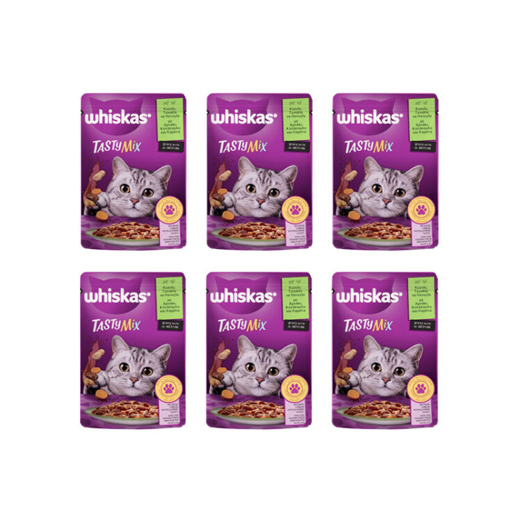 عکس پوچ گربه ویسکاس با طعم میکس بره و مرغ در سس Whiskas Tasty Mix With Lamb & Chicken in Gravy وزن 85 گرم از نمای جلو