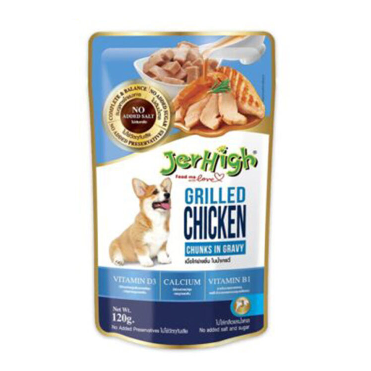 تصویر پوچ سگ جرهای با طعم مرغ و گوشت گریل شده JerHigh Grilled Chicken Chunks In Gravy وزن 120 گرم