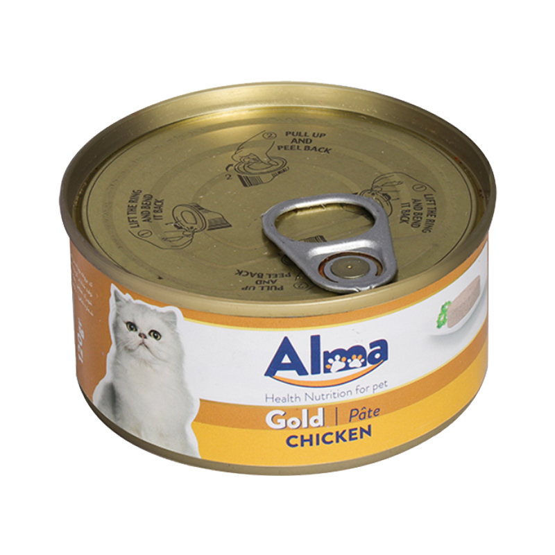  عکس کامل کنسرو غذای گربه آلما مدل Gold Chicken وزن 120 گرم 