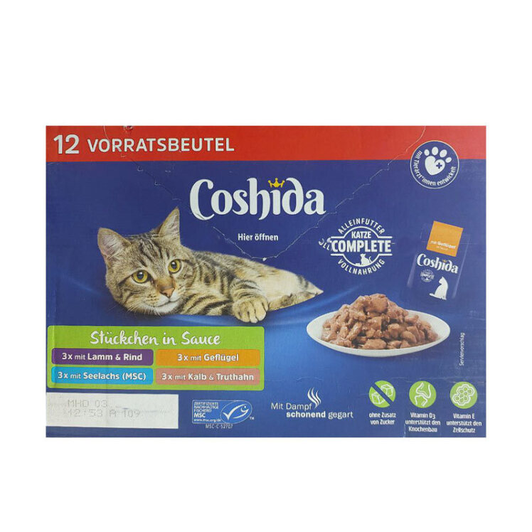 تصویر پوچ گربه کوشیدا در سس با طعم های مختلف Coshida Pouch In Sauce بسته 12 عددی