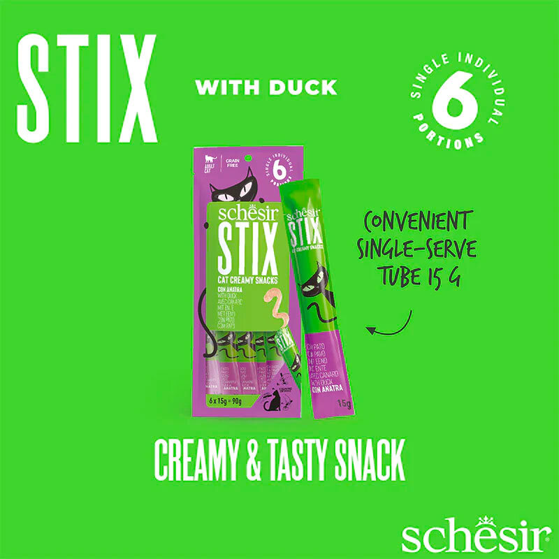  تصویر بسته بندی بستنی گربه شسیر با طعم اردک Schesir Stix Duck Flavour Cream Snacks بسته 6 عددی 