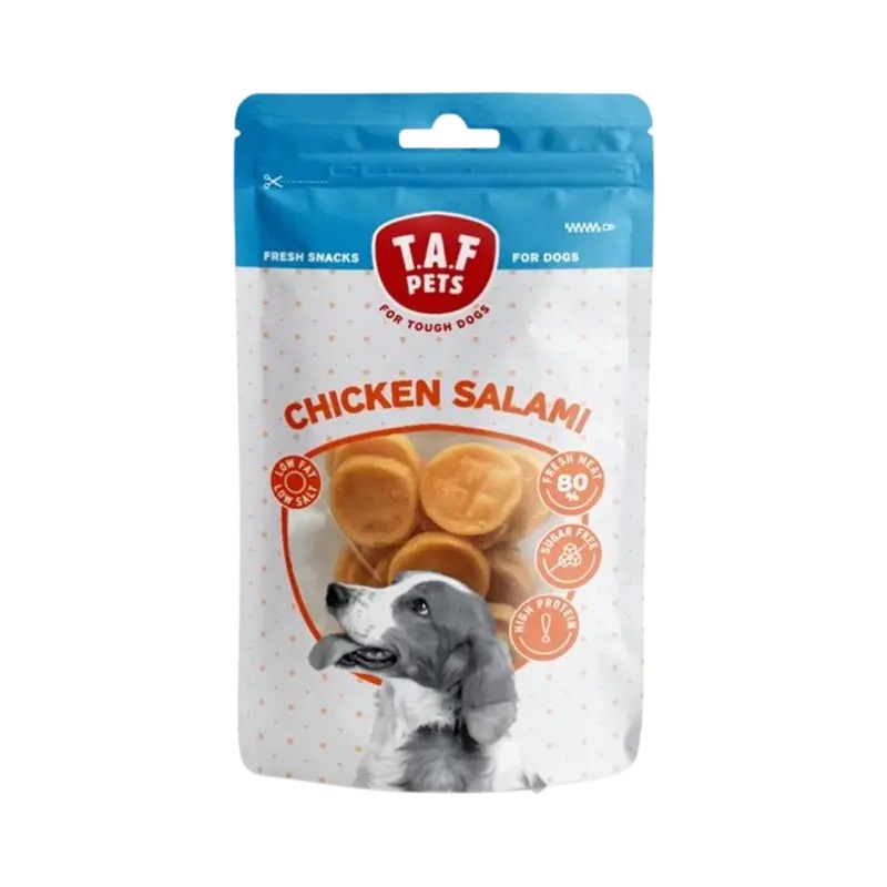  عکس تشویقی سکه‌ای سگ تاف پتز با طعم مرغ T.A.F. Pets Chicken Salami وزن 75 گرم 