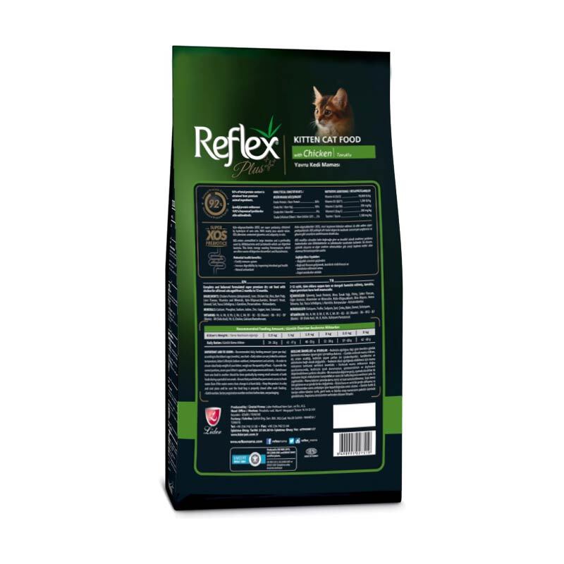  تصویر پشت بسته بندی غذای خشک بچه گربه رفلکس پلاس با طعم مرغ Reflex Plus Chicken Kitten وزن 15 کیلوگرم 