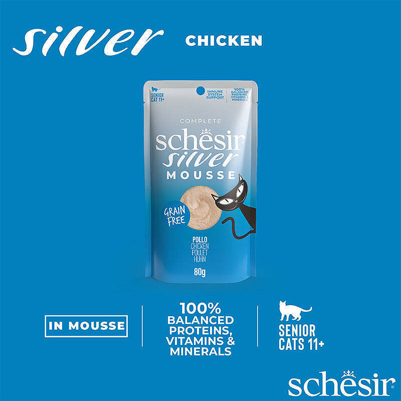  عکس ویژگی‌های پوچ گربه سیلور شسیر با طعم مرغ Schesir Silver Mousse Chicken وزن 80 گرم 