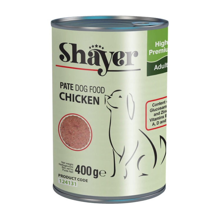 عکس بسته بندی کنسرو غذای سگ شایر مدل Chicken وزن 400 گرم 