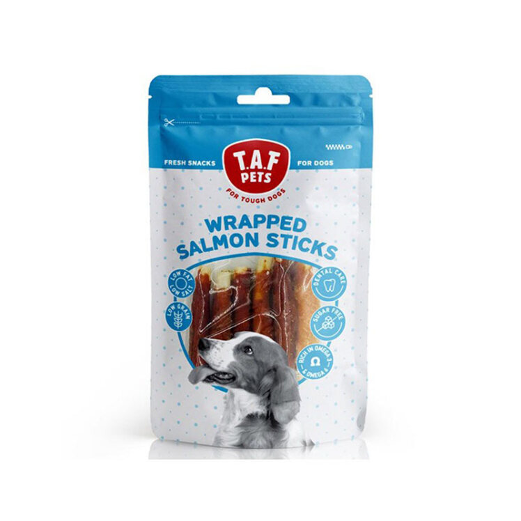 عکس تشویقی مدادی سگ تاف پتز با طعم ماهی سالمون T.A.F. Pets Wrapped Salmon Sticks وزن 75 گرم