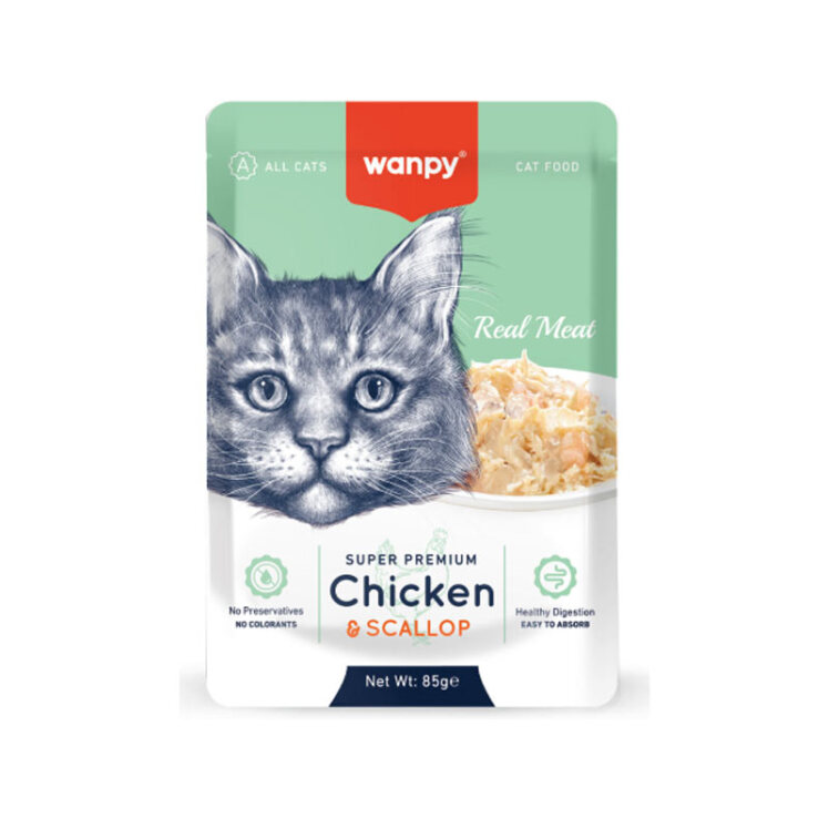 تصویر پوچ گربه با گوشت واقعی ونپی با طعم مرغ و گوش ماهی Wanpy Cat Pouch Chicken And Scallop بسته 12 عددی