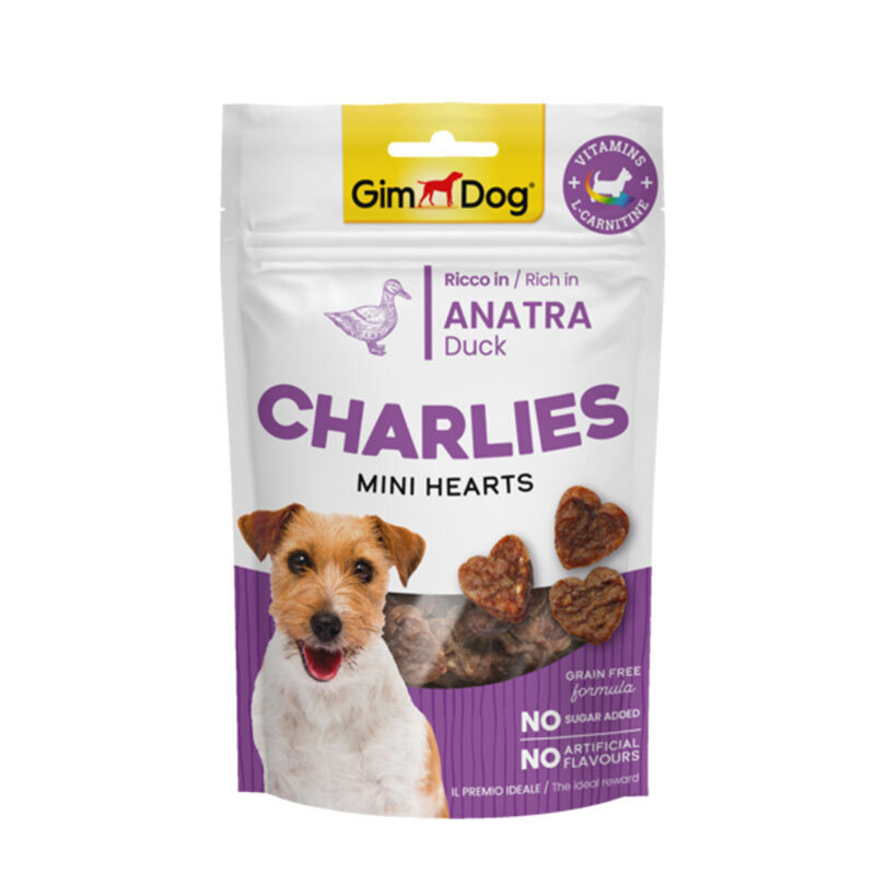  عکس تشویقی سگ جیم داگ چارلیز با طعم اردک GimDog Charlies Mini Hearts Duck Dog Treat وزن 70 گرم 