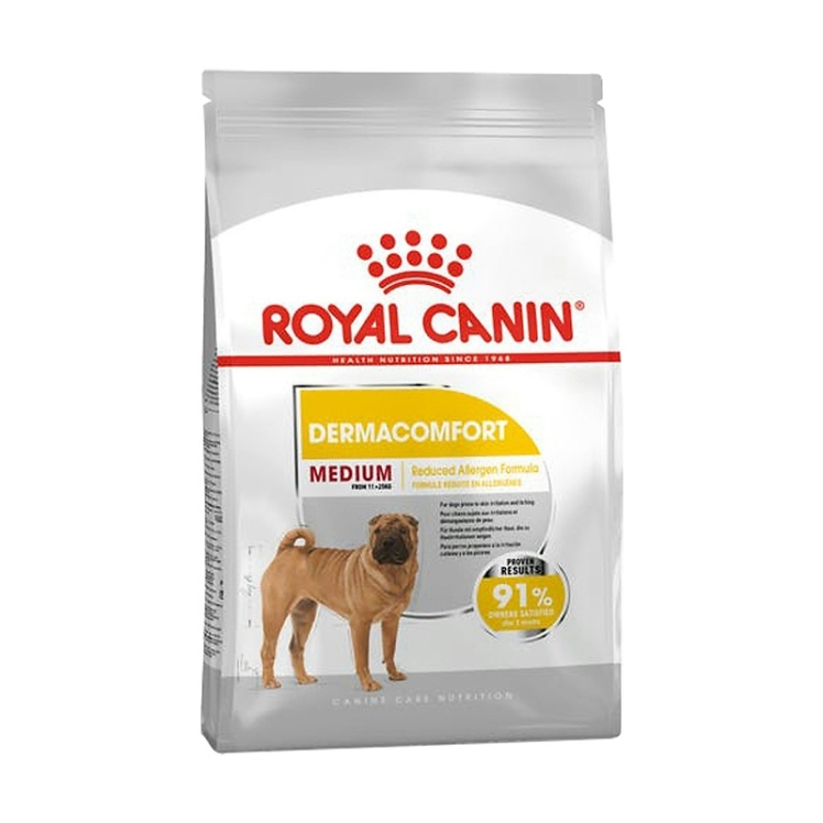 عکس محتویات بستهبندی غذای خشک سگ نژاد متوسط رویال کنین مخصوص مراقبت پوست و مو Royal Canin DermaComfort Medium وزن 3 کیل