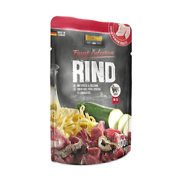 عکس محتویات پوچ سگ گوشت٬ پاستا و کدو بلکاندو Belcando Beef, Pasta & Courgettes وزن 300 گرم