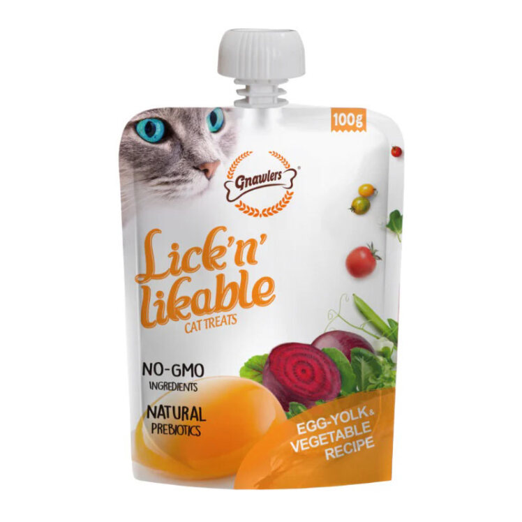 عکس پودینگ گربه گناولرز با طعم زرده تخممرغ و سبزیجات Gnawlers Lickable Cat Treat With Egg Yolk & Vegetables وزن 100 گرم