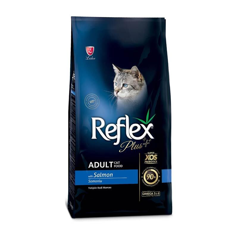  عکس بسته بندی غذای خشک گربه بالغ با طعم ماهی سالمون رفلکس پلاس Reflex Plus Adult Salmon وزن 1.5 کیلوگرم 