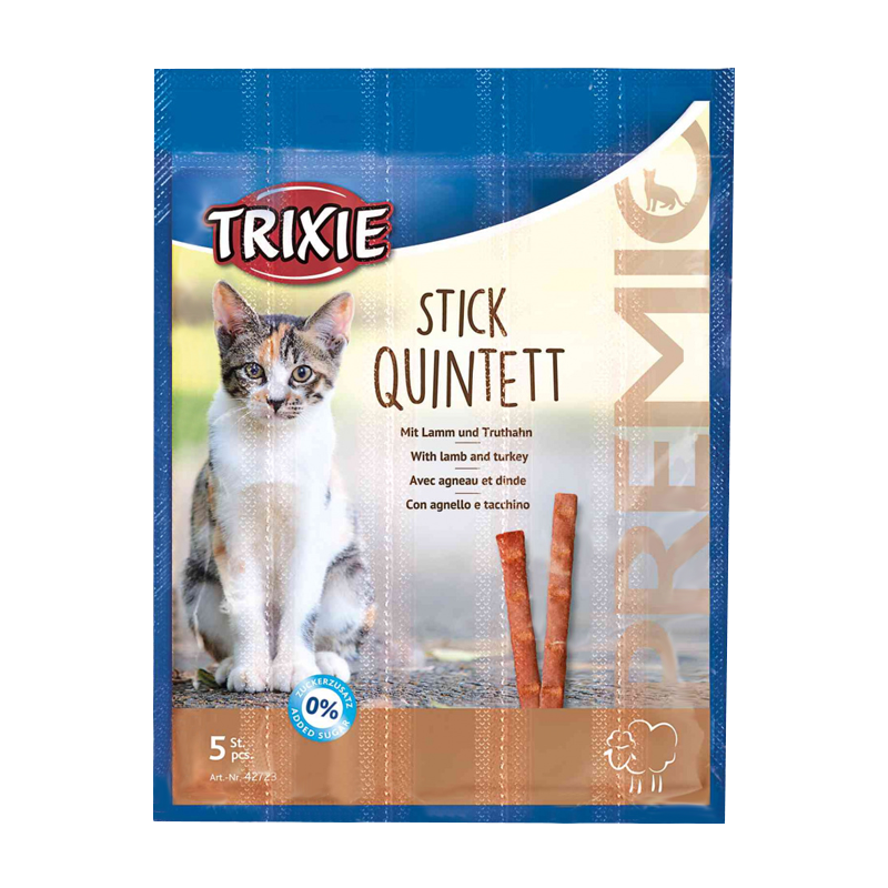  عکس بسته بندی تشویقی گربه تریکسی مدل Sticks Quintett با طعم بره و بوقلمون بسته 5 عددی 
