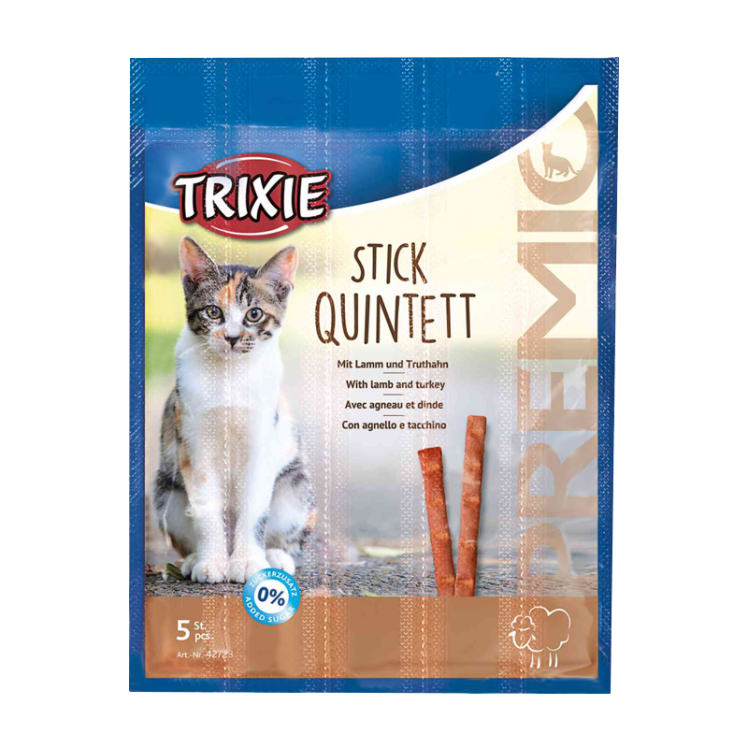 عکس بسته بندی تشویقی گربه تریکسی مدل Sticks Quintett با طعم بره و بوقلمون بسته 5 عددی 