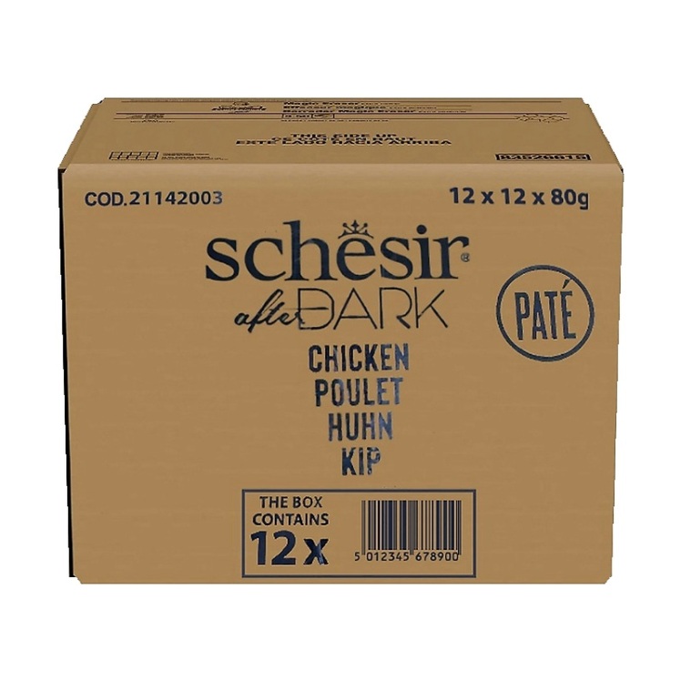 کنسرو غذای گربه افتر دارک شسیر با طعم مرغ Schesir After Dark Chicken In Paté بسته 12 عددی از نمای رو به رو
