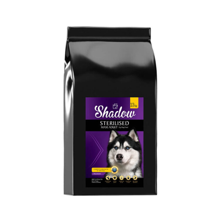 تصویر بسته‌بندی غذای خشک سگ بالغ عقیم شده شدو Shadow Sterilised Maxi Adult وزن 13 کیلوگرم