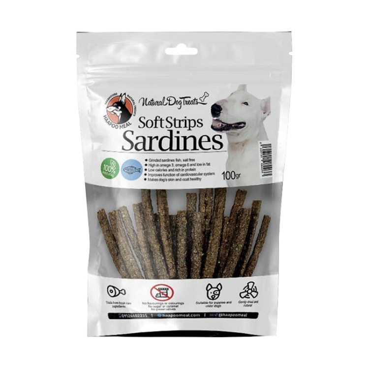عکس محصول تشویقی سگ هاپومیل مدل Sardine Soft Strips وزن ۱۰۰ گرم