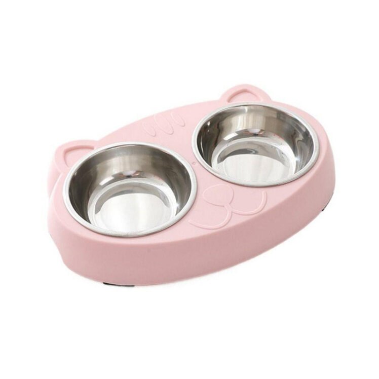 تصویر ظرف غذا چشم گربه‌ای با کاسه استیل صورتی