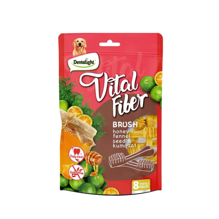 تصویر تشویقی توله سگ ویتال فیبر دنتالایت با طعم عسل، دانه رازیانه و کامکوات Dentalight Vital Fiber Brush بسته 8 عددی