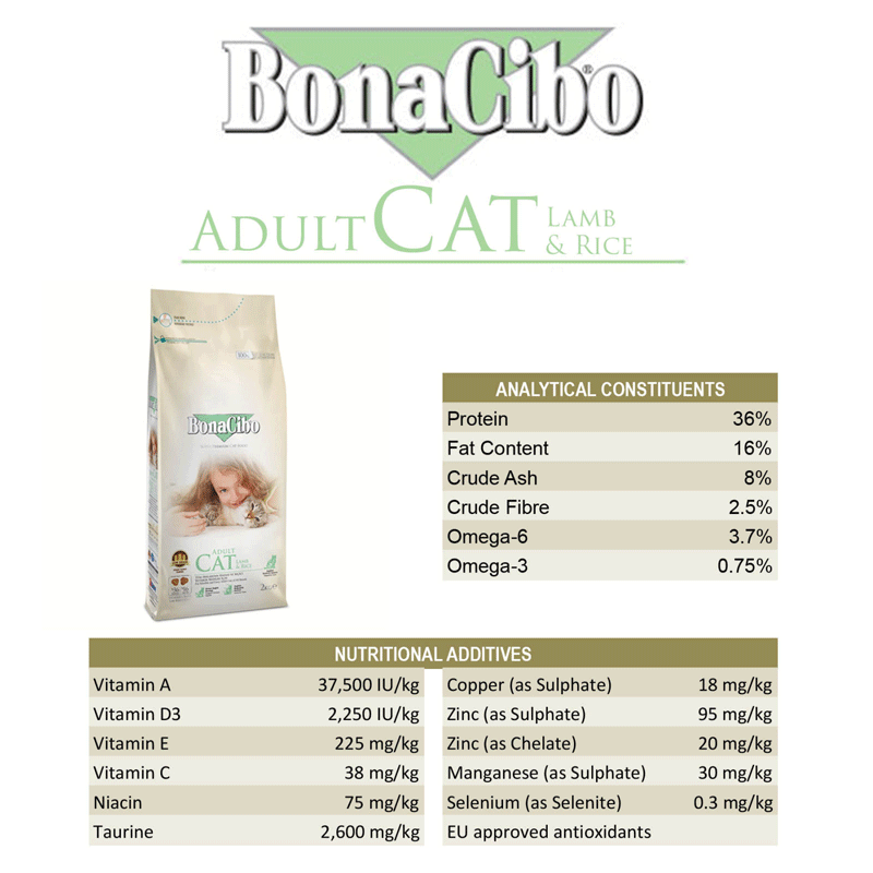  تصویر جزئیات غذای خشک گربه بوناسیبو مدل Adult Lamb & Rice وزن 2 کیلوگرم 
