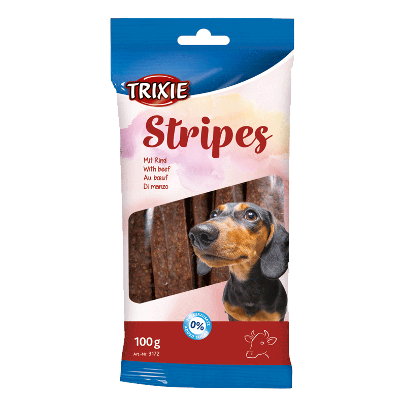 تصویر تشویقی سگ تریکسی مدل Stripes Jerky با طعم گوشت وزن 100 گرم