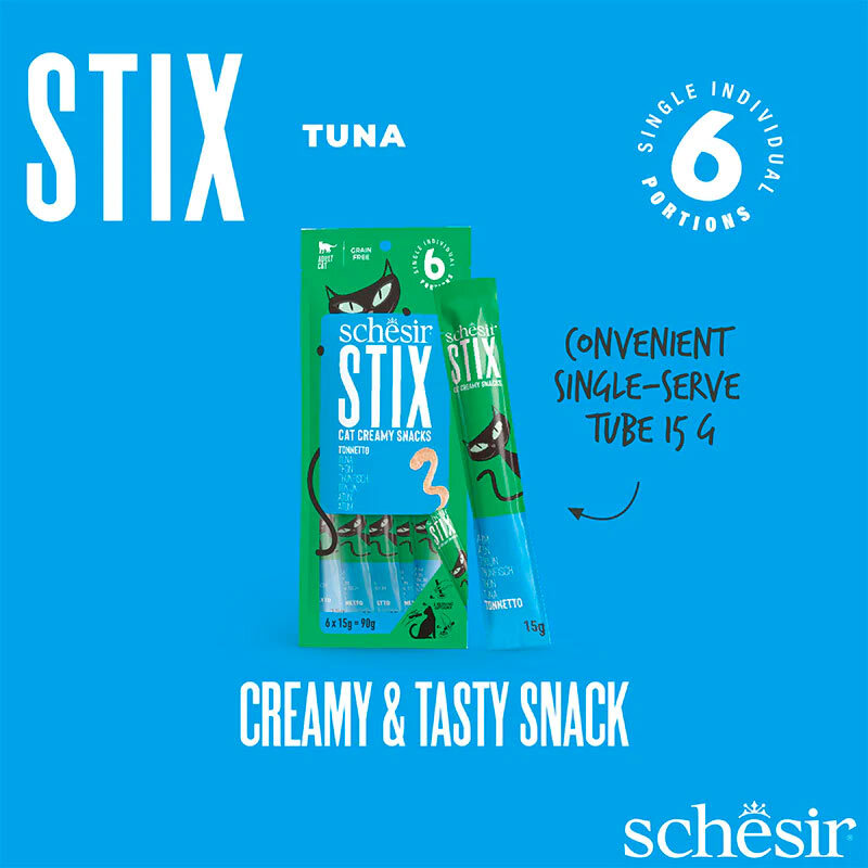  تصویر بسته بندی کامل بستنی گربه شسیر با طعم ماهی تن Schesir Stix Tuna Flavour Cream Snacks بسته 6 عددی 