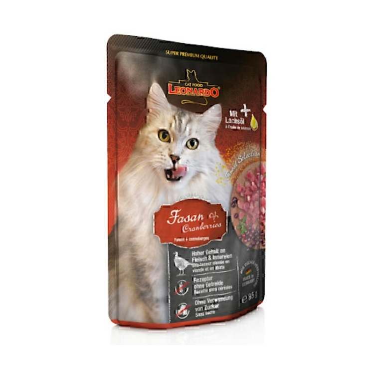 تصویر محتویات پوچ گربه لئوناردو با طعم قرقاول و کرنبری Leonardo Pheasant & Cranberries وزن 85 گرم