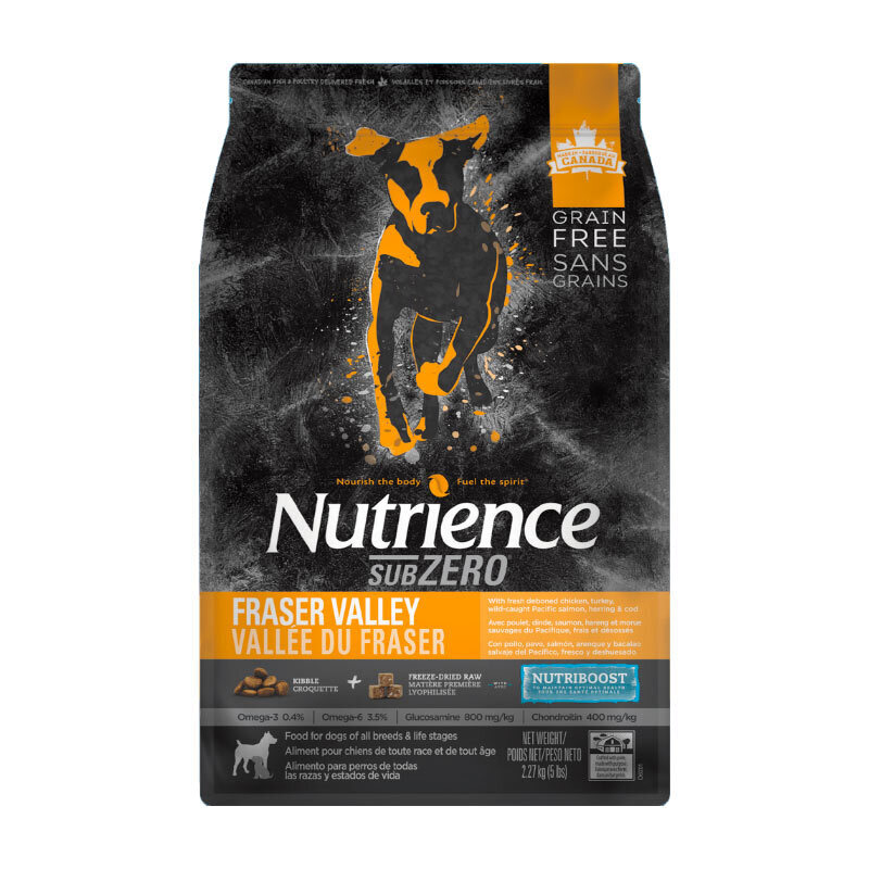  تصویر غذای خشک گربه نوترینس با طعم مرغ Nutrience Subzero Fraser Valley وزن 10 کیلوگرم از نمای رو به رو 