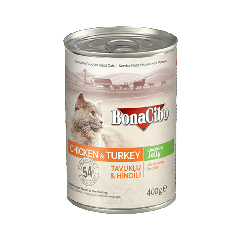  کنسرو غذای گربه بوناسیبو مدل Chicken & Turkey Chunk in Jelly وزن 400 گرم 