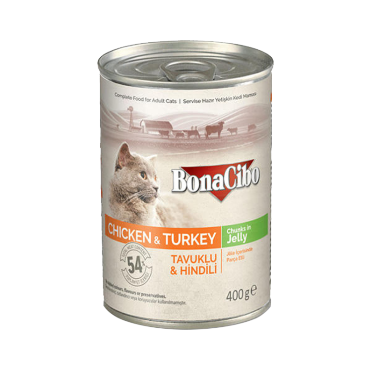 کنسرو غذای گربه بوناسیبو مدل Chicken & Turkey Chunk in Jelly وزن 400 گرم