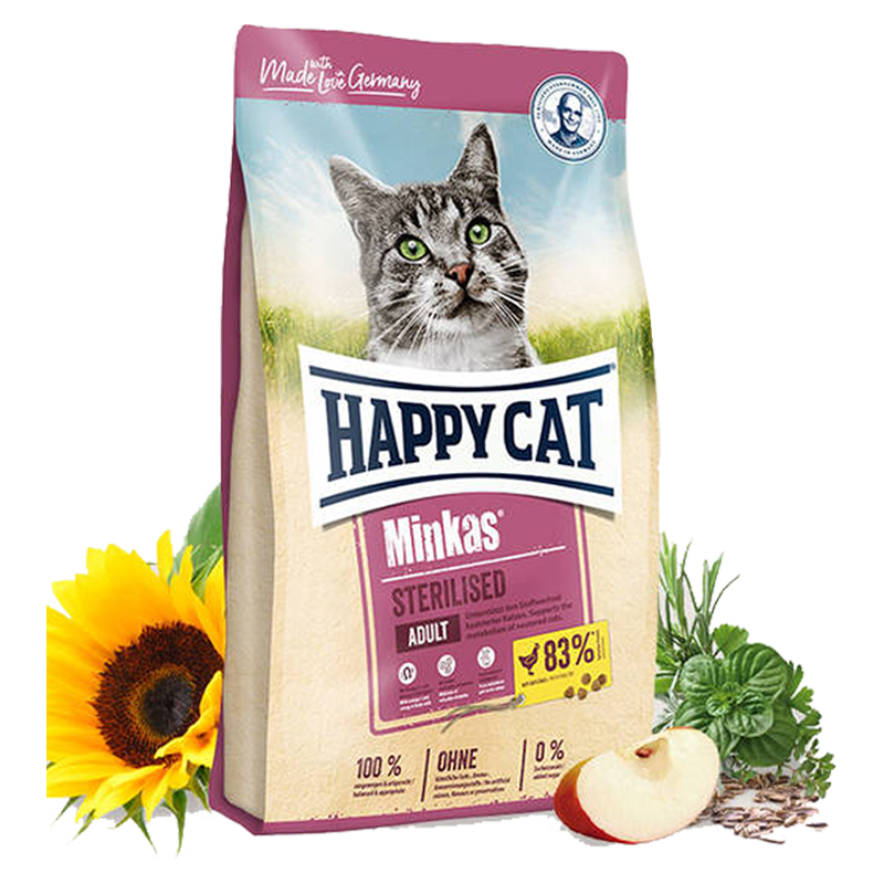  عکس تبلیغاتی بسته بندی غذای خشک گربه هپی کت مدل Minkas Sterilised وزن 10 کیلوگرم 