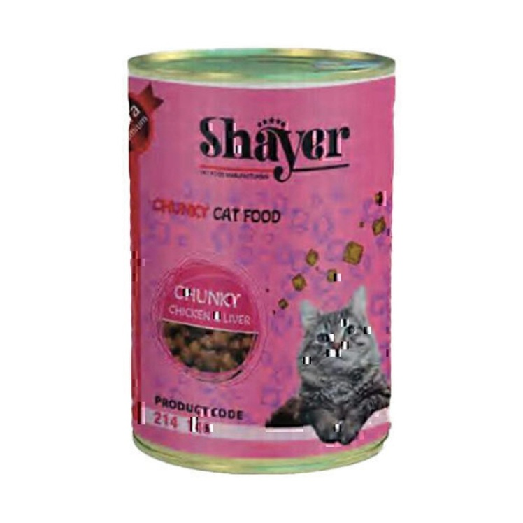 تصویر توضیحات کنسرو غذای گربه شایر با طعم مرغ و جگر Shayer Chunky Chicken & Liver وزن 400 گرم