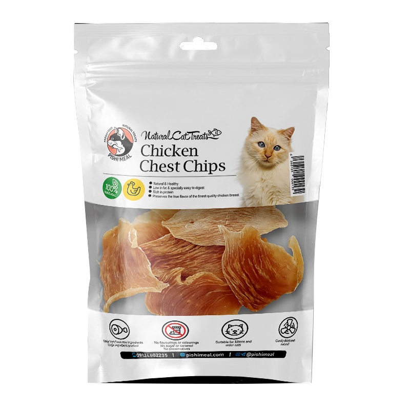  عکس بسته بندی تشویقی گربه هاپومیل مدل Chicken Chest Chips وزن 50 گرم 