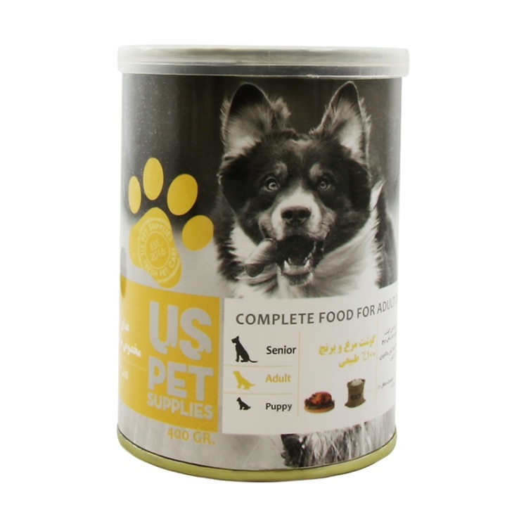 تصویر پشت کنسرو غذای سگ یو اس پت با طعم مرغ و برنج UsPet Canned Food With Chicken & Rice وزن 400 گرم