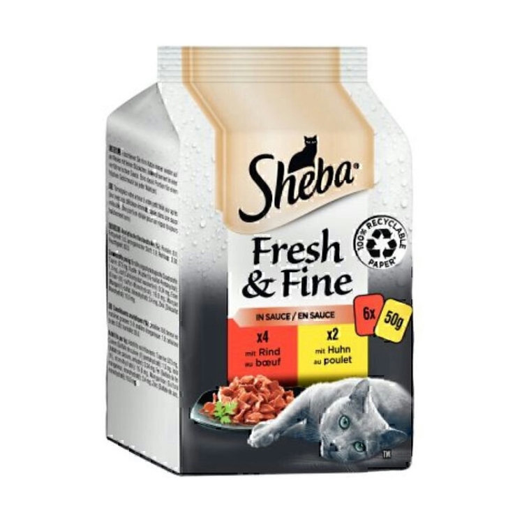 تصویر محتویات پوچ گربه با طعم گوشت گاو و مرغ در سس شیبا Sheba Beef & Chicken In Sauce Pack بسته 6 عددی