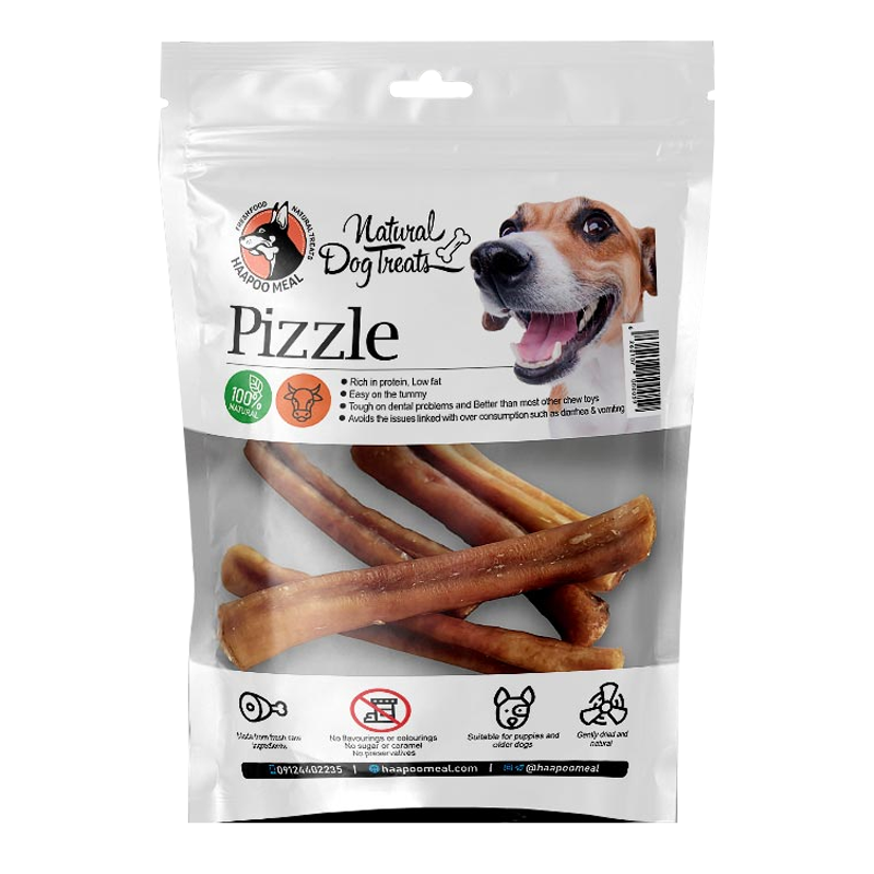  عکس بسته بندی تشویقی سگ هاپومیل مدل Pizzle وزن 100 گرم 