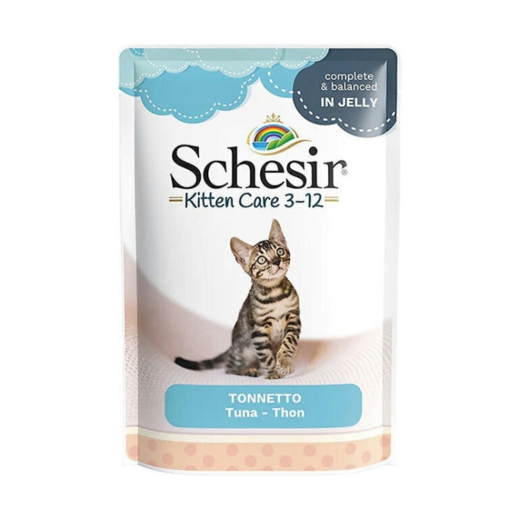 عکس بسته‌ پوچ گربه شسیر با طعم ماهی تن Schesir Kitten Care Tonnetto وزن 85 گرم