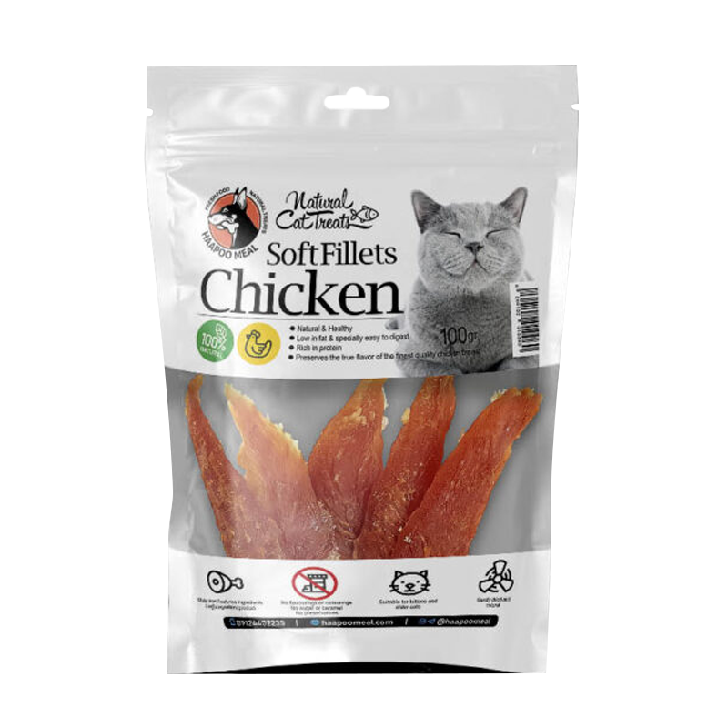  عکس بسته بندی تشویقی گربه هاپومیل مدل Chicken Soft Fillet وزن 100 گرم 