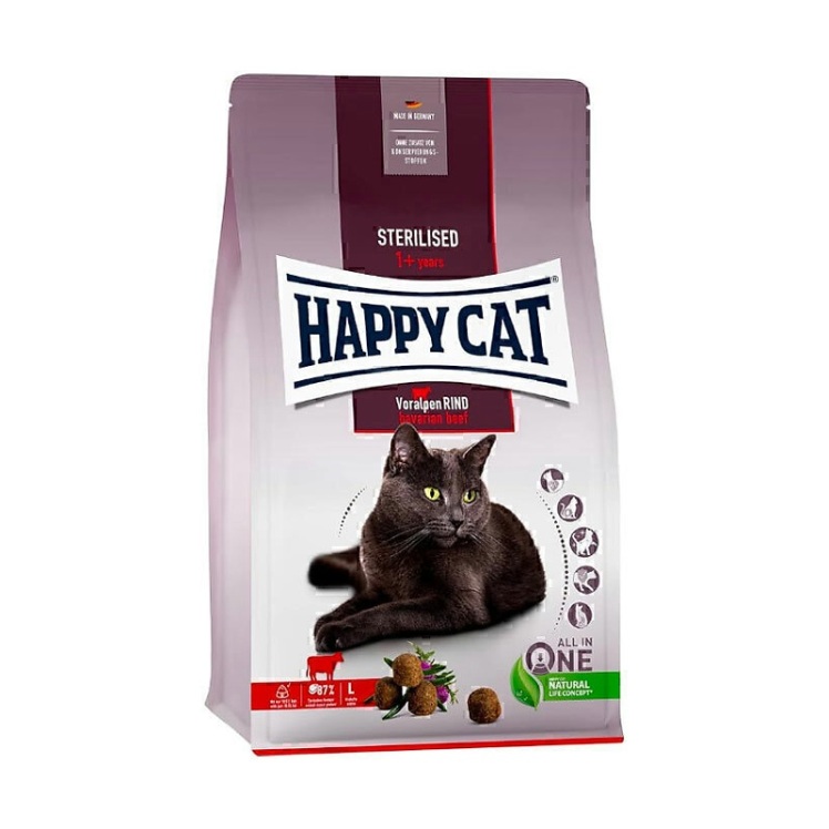 تصویر دانه غذای خشک گربه هپی کت با طعم گوشت بره HappyCat Sterilised Voralpen Rind وزن 4 کیلوگرم از نمای رو به رو