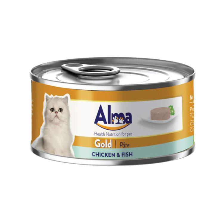عکس بسته بندی کنسرو غذای گربه آلما مدل Gold Chicken & Fish وزن 120 گرم