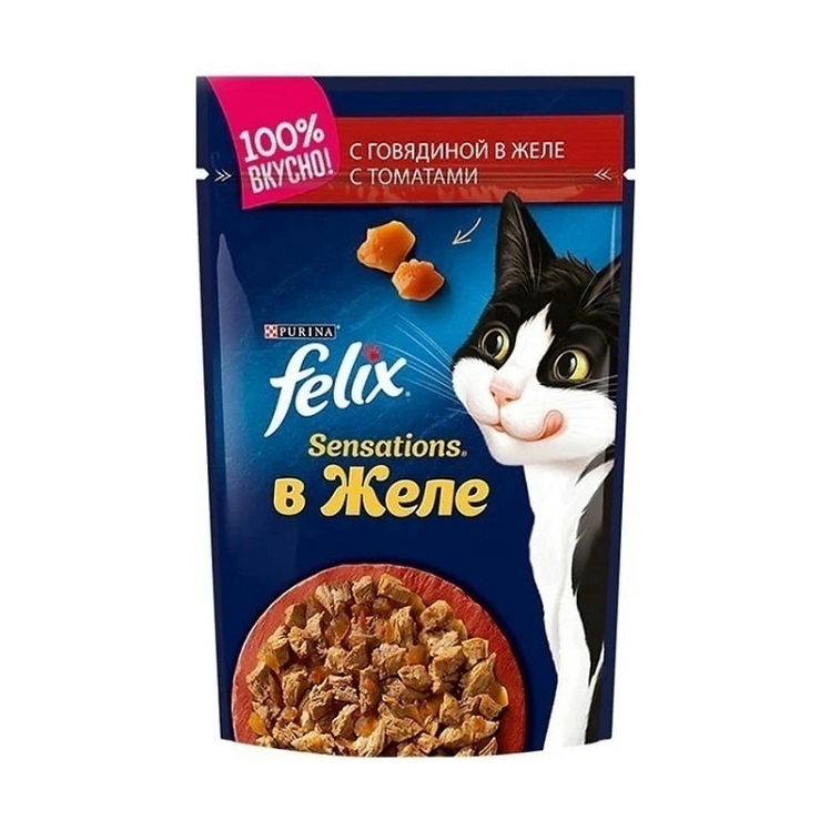 تصویر پوچ گربه فلیکس با طعم گوشت گاو و گوجه فرنگی در ژله Felix Sensations Beef And Tomato in Jelly وزن 85 گرم