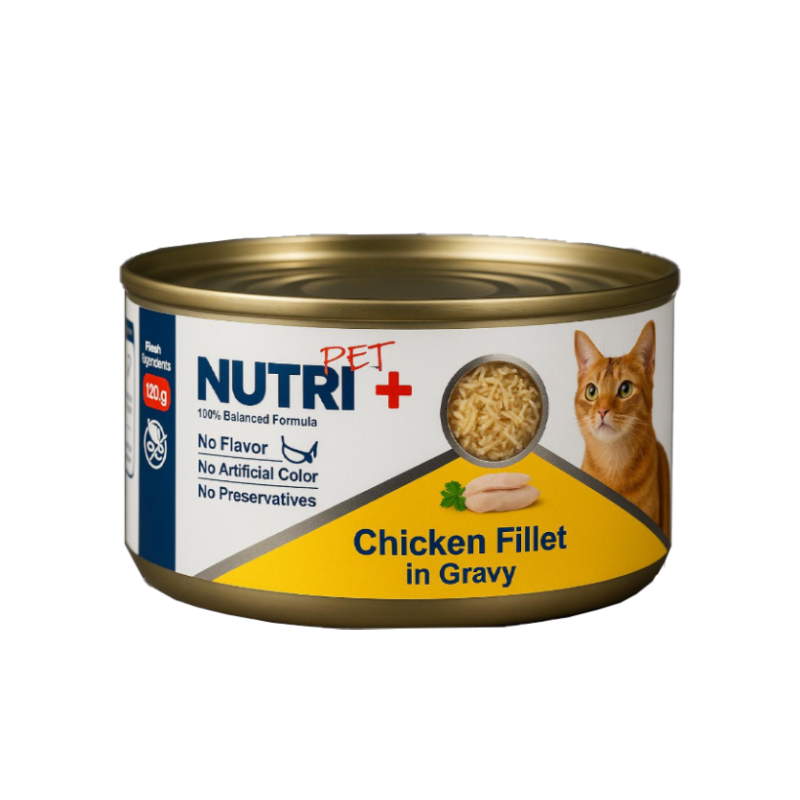  کنسرو غذای گربه نوتری نچرال با طعم مرغ Nutri Chicken Fillet in Gravy وزن 120 گرم از نمای رو به رو 